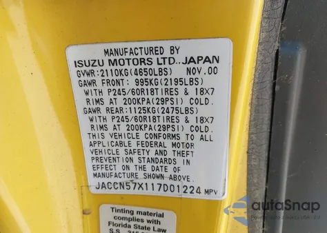 2001 Isuzu Vehicross из США, поврежденный, VIN JACCN57X117D01224